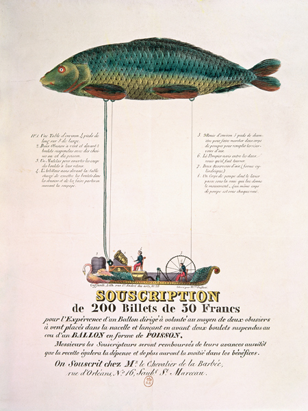 Poster advertising the subscription for a dirigible balloon in the shape of a fish od French School