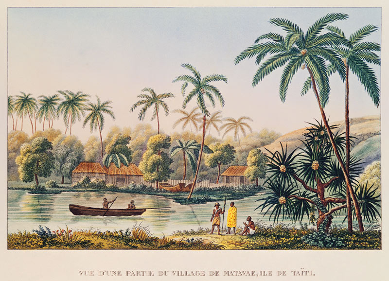 Village of Matavae, Tahiti, illustration from ''Voyage autour du Monde sur la Corvette Coquille'' Li od French School