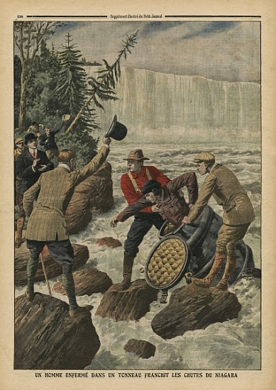 A man in a barrel crossing the Niagara Falls, illustration from ''Le Petit Journal'', supplement ill od French School