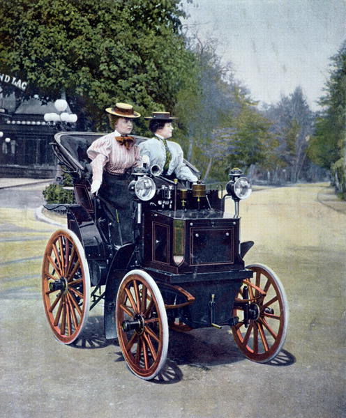 A petrol-powered Panhard Levassor Phaeton with starting handle, 1896 (coloured b/w photo)  od French School