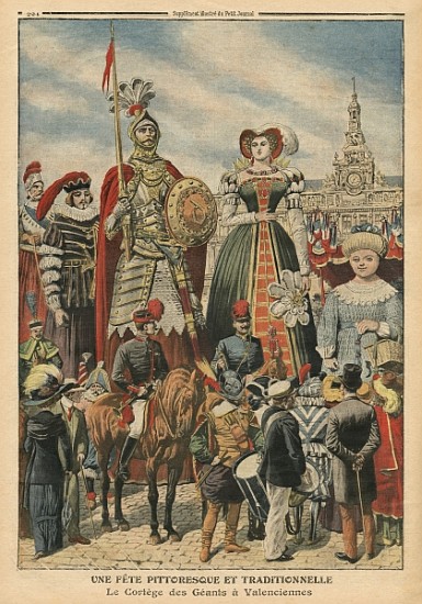 A picturesque and traditional feast, the procession of the Giants at Valenciennes, illustration from od French School