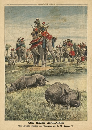 A rhinoceros hunt in honour of King George V (1865-1936), illustration from ''Le Petit Journal'', su od French School