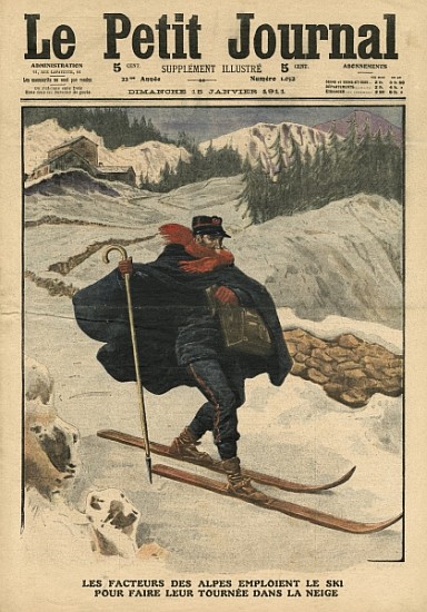 Alpine postmen using ski during their rounds in the snow, illustration from ''Le Petit Journal'', su od French School
