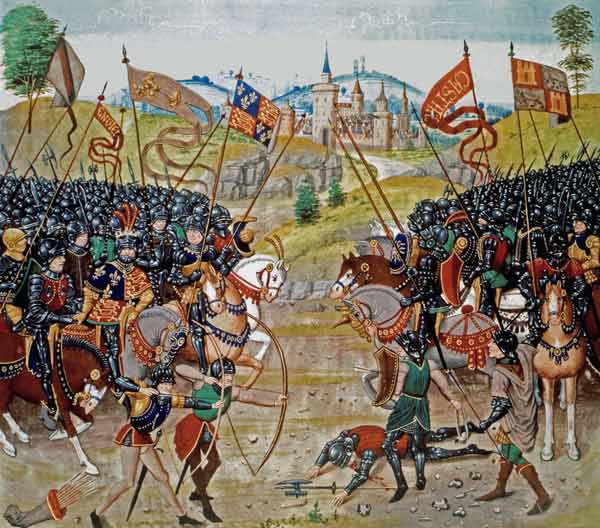 Fr 2643 f.312v Battle of Najera, 1367, from Froissart''s Chronicle od French School