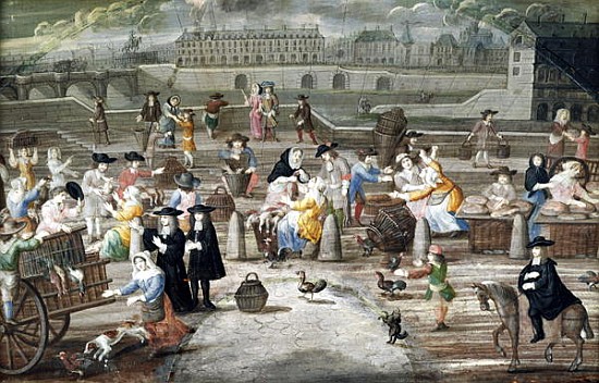 Bread and Poultry Market on Quai des Grands Augustins, painted for a fan od French School