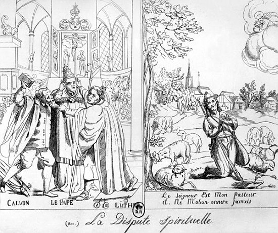 Caricature depicting a Spiritual Dispute between Pope Leo X (1476-1521) Martin Luther (1483-1546) an od French School