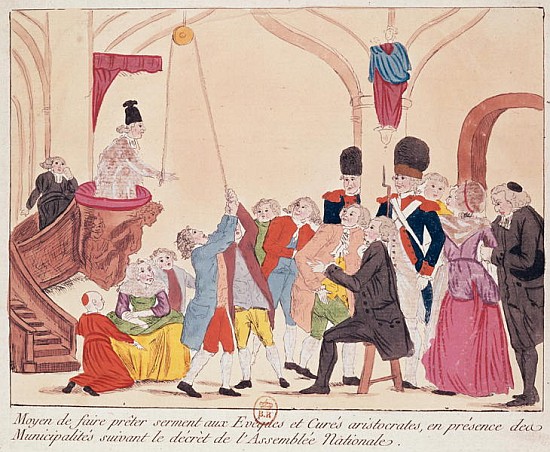 Caricature of the way to make aristocratic bishops and priests swear the oath for the Civil Constitu od French School