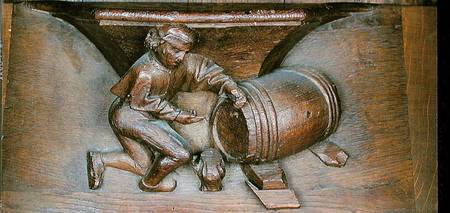 Carving depicting a man putting a tap on a barrel, from a choir stall from the Abbey of St. Lucien i od French School