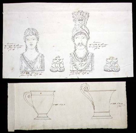 Designs for gilt bronze ormolu furniture mounts and French Empire porcelain cups od French School