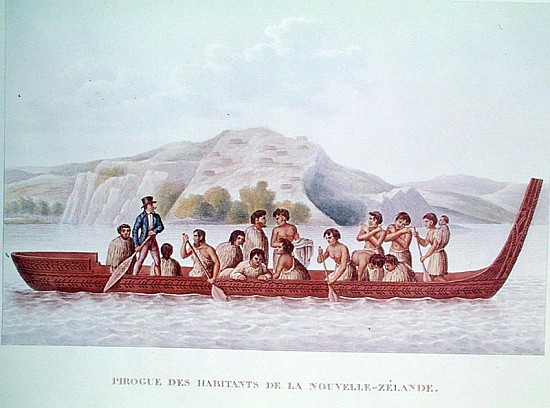 Dugout canoe piloted natives of New Zealand, illustration from ''Voyage Around the World in the Corv od French School