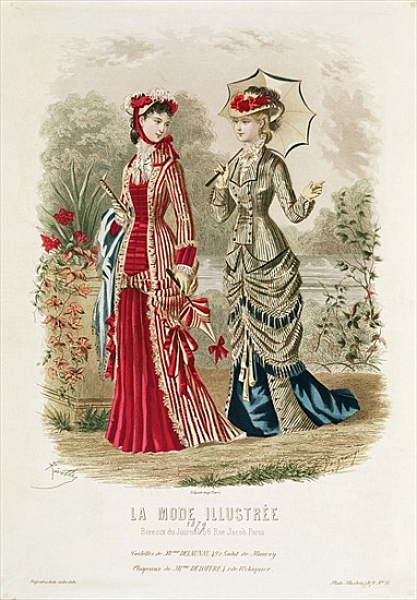 Fashion plate showing hats and dresses, illustration from ''La Mode Ilustree'' od French School