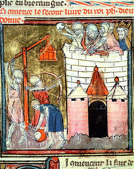 Fol.261v Siege of the Chateau de Chinon, from the Grandes Chroniques de France, 1375-79 od French School