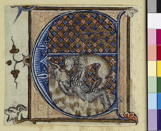 Historiated initial ''E'' depicting a lion fighting a devil, c.1320-30 od French School