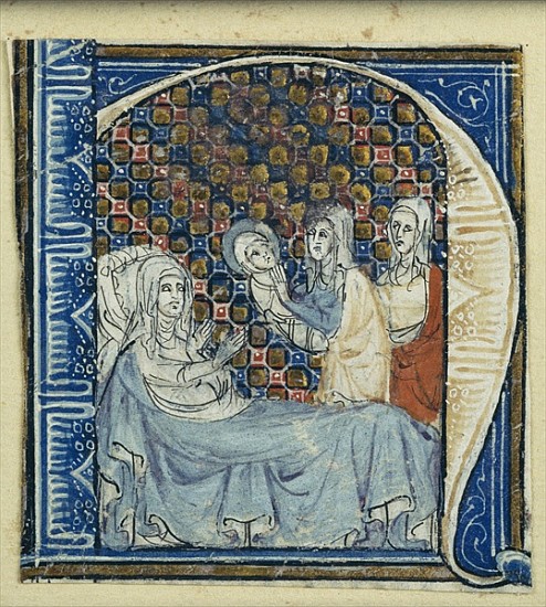 Historiated initial ''H'' depicting the Birth of the Virgin, c.1320-30 od French School