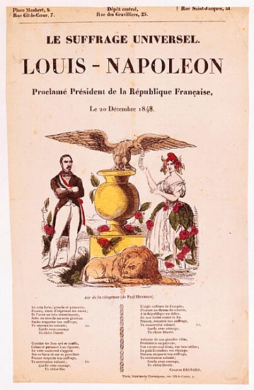 Illustrated lyric sheet for ''Le Suffrage Universel, Louis-Napoleon proclame president de la Republi od French School
