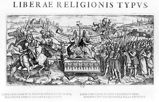Librae Religionis Typus'', allegory on the reformation depicting John Calvin (1509-64) and Martin Lu od French School