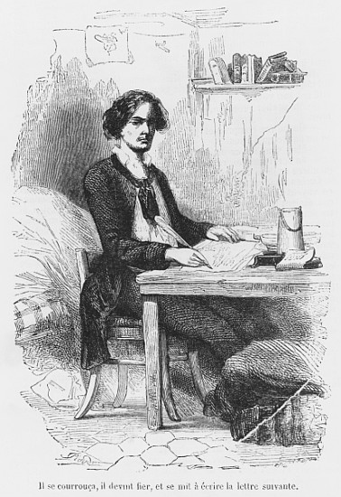 Lucien de Rubempre writing a letter, illustration from ''Les Illusions perdues'' Honore de Balzac; e od French School
