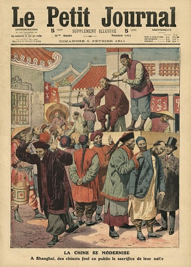 Modernisation of China, Chinese having their pigtail cut off in Shanghai, illustration from ''Le Pet od French School