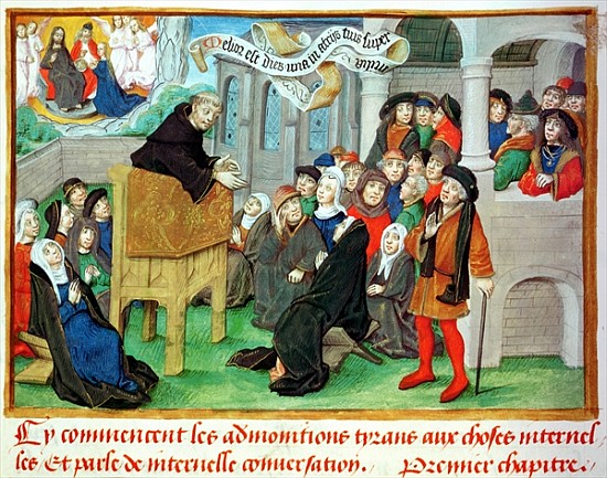 Ms.230 fol.57 Monk Preaching on Imitation, from ''Sermons sur la Passion et Traites Divers'' Jean de od French School