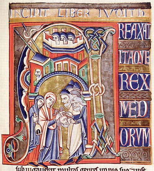 Ms 1 fol.292 Historiated initial depicting Judith with the head of Holofernes, from the Souvigny Bib od French School
