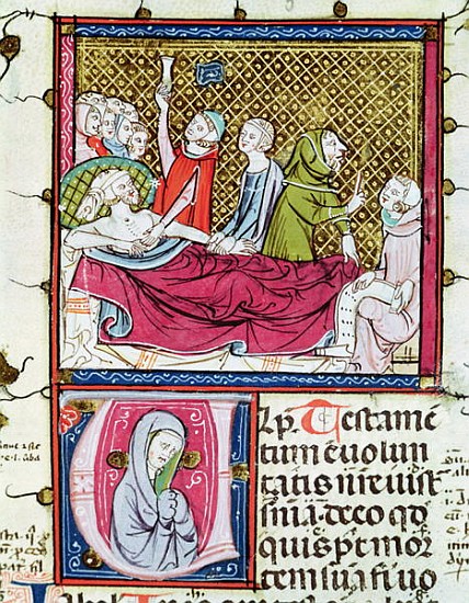 Ms 3076 fol.56r Dying Man Surrounded Doctors and Family, Dictating his Will, from ''Justiniani in Fo od French School