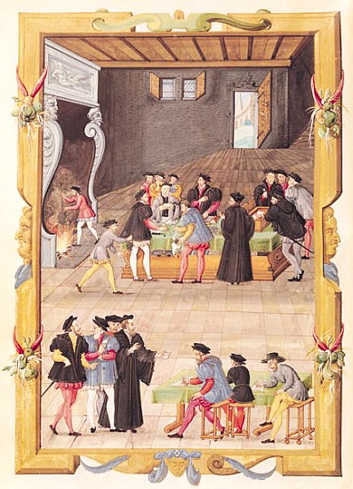 Ms 5169 f.2v The Notaries and the King''s Secretaries in the Hall of the College of Notaries and Kin od French School