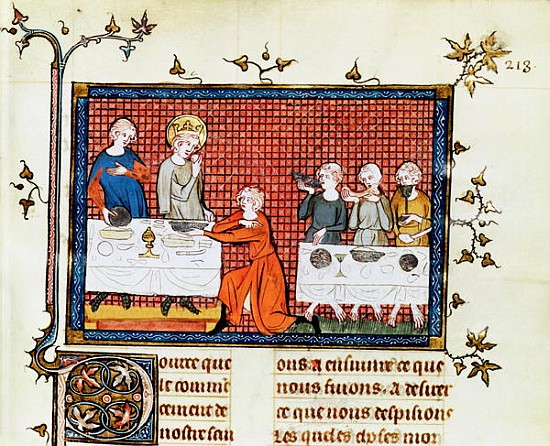 Ms. Fr. 5716 f.213 St. Louis Feeding the Poor, from '' Life and Miracles of St. Louis'', c.1330-40 od French School