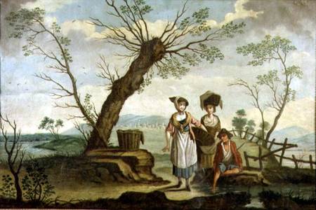 Rustic landscape with washerwomen and a peasant od French School