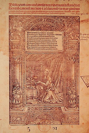 St. Jerome in his Studiolo, title page of a Bible, printed J. Marion, Lyon od French School