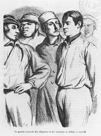 The arrogant squad of hired applauders and ticket sellers, illustration from ''Les Illusions perdues od French School