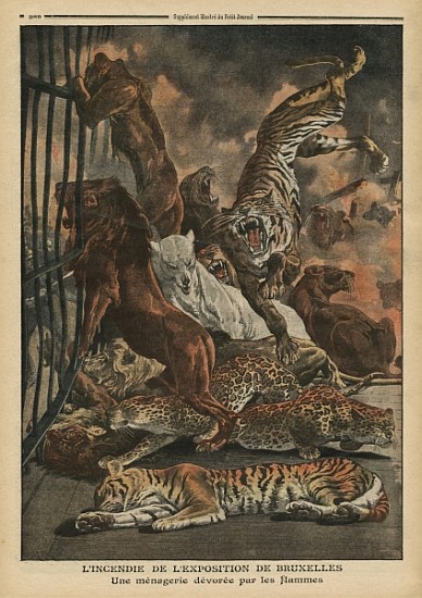 The fire at the Universal Exhibition of Brussels, a menagerie being consumed the flames, illustratio od French School