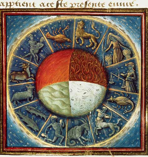 Ms Fr 135 Fol.285 The four elements of the Earth with the twelve signs of the zodiac, from 'Des Prop od French School