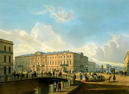 The Moyka Embankment and the Police Bridge in St. Petersburg, printed J. Jacottet and Regamey, publi od French School