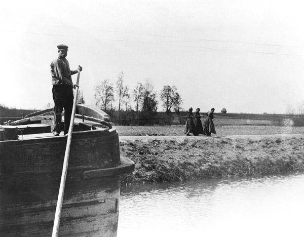 Barge being towed on a canal by three women, c.1900 (b/w photo) 