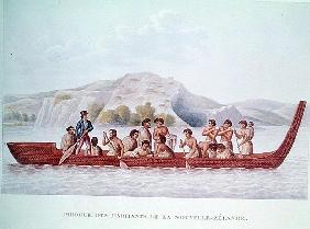 Dugout canoe piloted natives of New Zealand, illustration from ''Voyage Around the World in the Corv
