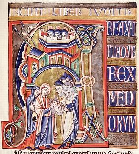Ms 1 fol.292 Historiated initial depicting Judith with the head of Holofernes, from the Souvigny Bib