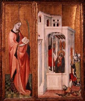 Thouzon Altarpiece, left-hand section showing a female martyr and a scene from the Life of St. Andre