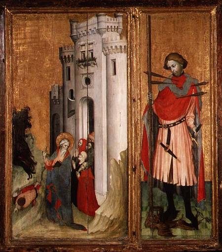 Thouzon Altarpiece, right-hand section showing (LtoR) St. Andrew expelling demons from Nice; St. Seb od French School