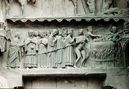 Tympanum from the left portal of the north transcept depicting the Last Judgement, detail of the dam od French School