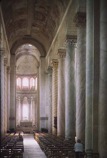 View of the nave towards the choir and the vault decorated with 12th century frescoes (photo) od French School