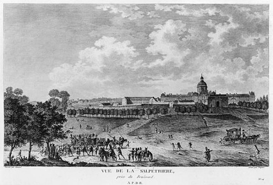 View of Hopital La Salpetriere, transport of prostitutes, Paris; engraved by Duparc, after a drawing od French School