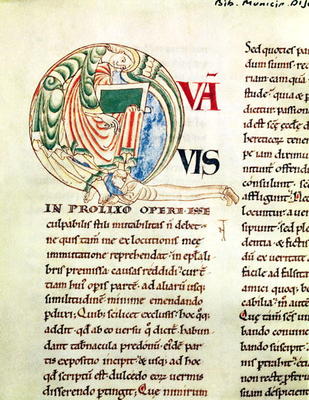 Ms.173 Fol.6 v. Initial 'Q' depicting a monk and an angel, from Moralia in Job by Pope Gregory the G od French School, (12th century)