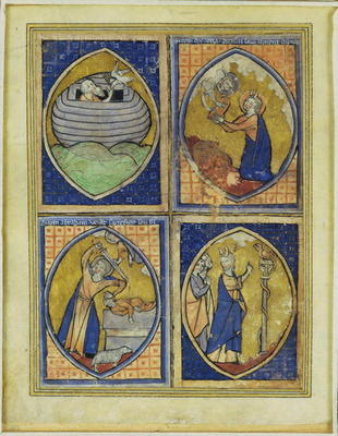 Noah receiving the White Dove, Moses receiving the Tables of the Law, the sacrifice of Abraham, Mose od French School, (13th century)