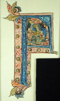 Historiated initial 'P' depicting a winged griffin (vellum) od French School, (14th century)