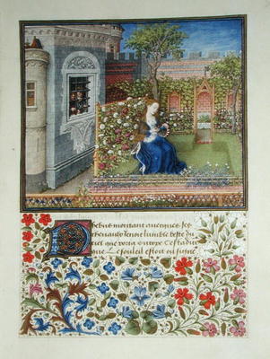 Ms 2617 The prisoners listening to Emily singing in the garden, from La Teseida, by Giovanni Boccacc od French School, (14th century)
