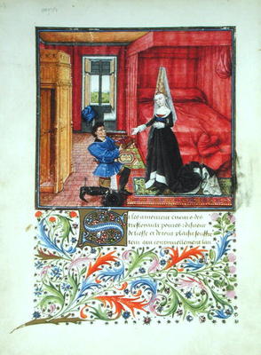 Ms 2617 The scribe dedicating La Teseida to an unknown young woman, from La Teseida, by Giovanni Boc od French School, (14th century)