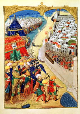 Lat 6067 f.55v The Turkish forces preparing for battle outside the walls of Rhodes in 1480, from 'A od French School, (15th century)