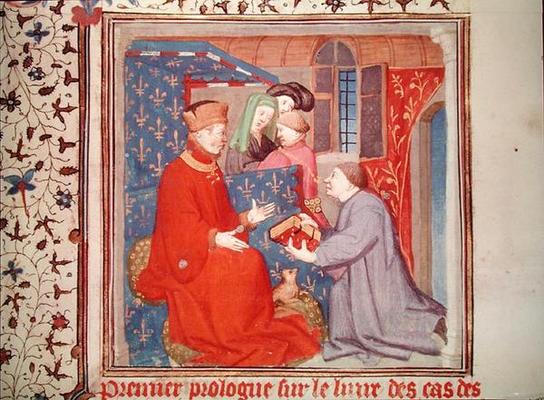 Ms Fr 131 f.1 Jean (1340-1416) Duke of Berry Receiving a Manuscript from Boccaccio, from 'Cas des No od French School, (15th century)