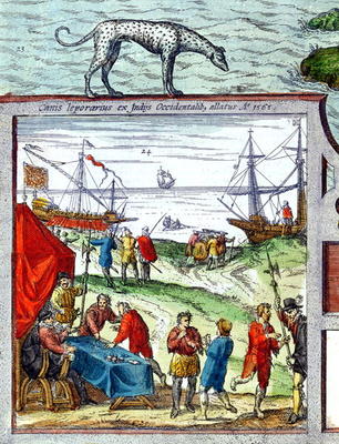 Detail of a view of the port of Cadiz showing trade with the West Indies, 1565 (colour litho) od French School, (16th century)