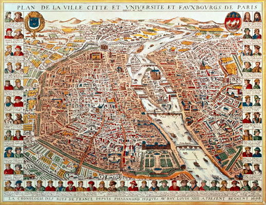 Plan of Paris, bordered by a chronological series of portraits of the kings of France from Pharamond od French School, (17th century)